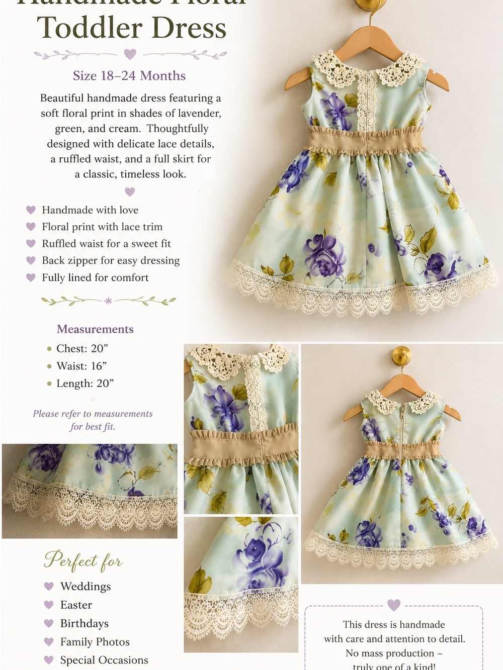 Handmade Floral Lace Party Dress 18-24 Months - Picture 3 of 3
